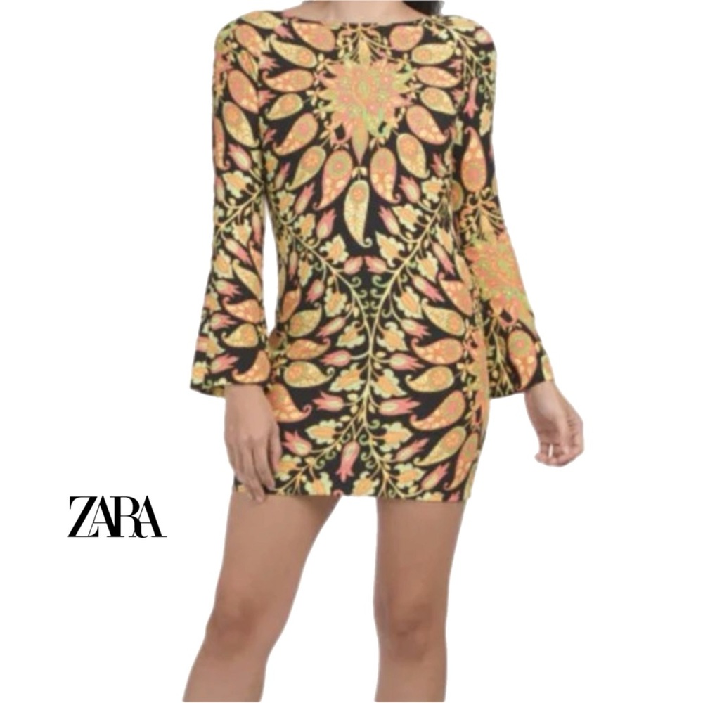 NWT ZARA Dress XS Paisley Mini CutOut Back Retro Zipper Bell Sleeves Boho Hippie